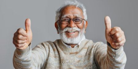 an Indian elderly person with a cheerful expression on a studio backgroundの素材