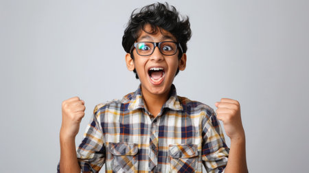 an Indian teenager showing excitement on a studio backgroundの素材