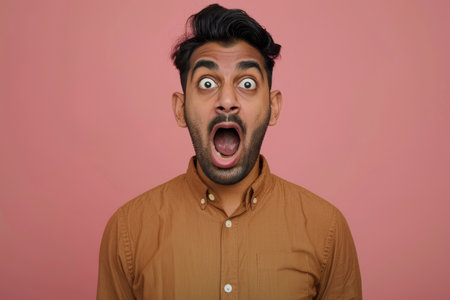 an Indian man showing surprise on a studio backgroundの素材