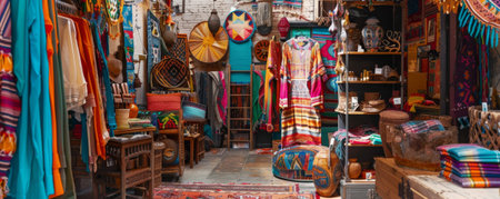 Bohemian shop background with colorful textiles, eclectic decor, and vibrant artwork.の素材
