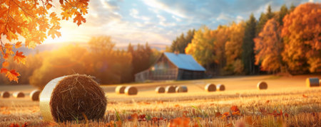 Cozy autumn background with a farmhouse, a field of hay bales, and vibrant fall colors.の素材