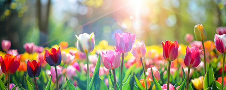 Cheerful spring background with a garden of colorful tulips, bright sunlight, and clear skies.の素材