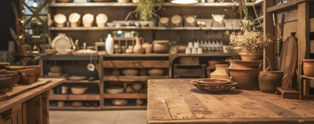 Artisanal shop background with handmade crafts, rustic wooden tables, and warm lighting.の素材
