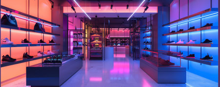 Chic shop background with sleek metal shelves, neon lights, and bold color accents.の素材