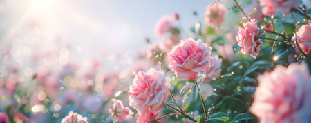 Cozy spring background with a garden of roses, soft morning light, and a clear sky.の素材
