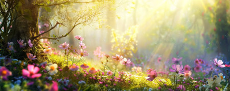 Enchanting spring background with a fairy tale forest, blooming flowers, and dappled sunlight.の素材
