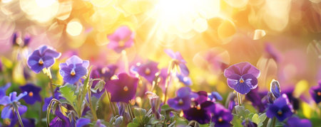 Cozy spring background with a garden of violets, warm sunlight, and a clear sky.の素材