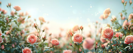 Cozy spring background with a garden of roses, soft morning light, and a clear sky.の素材