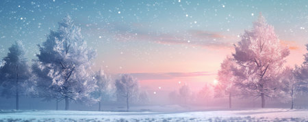 Enchanted winter background with frosty trees, soft pink and blue sky, and twinkling stars.の素材
