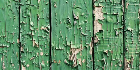Distressed green wood background with peeling paint and rough texture: Great for rustic or garden themes, the peeling paint and rough texture of green wood add a unique and weathered lookの素材