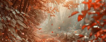 Enchanting autumn background with a woodland path, red and orange leaves, and dappled sunlight.の素材