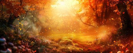 Enchanting autumn background with a mystical forest, colorful foliage, and a golden sunset.の素材