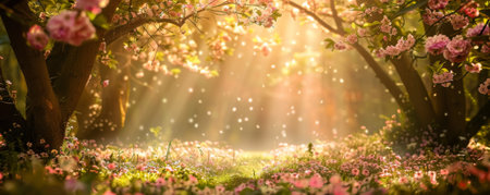 Enchanting spring background with a fairy tale forest, blooming flowers, and dappled sunlight.の素材