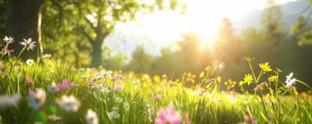 Enchanting spring background with a meadow of wildflowers, dappled sunlight, and a clear sky.の素材