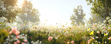 Enchanting spring background with a meadow of wildflowers, dappled sunlight, and a clear sky.の素材