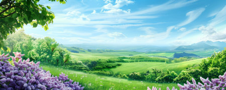 Fresh spring background with green pastures, blooming lilacs, and a bright blue sky.の素材