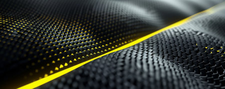 Futuristic carbon fiber background with neon yellow highlights and textured surface: Strong and vibrant, adding a high-tech and industrial lookの素材