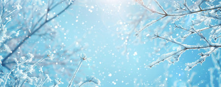 Frosty winter background with icy branches, glistening snow, and a bright blue sky.の素材