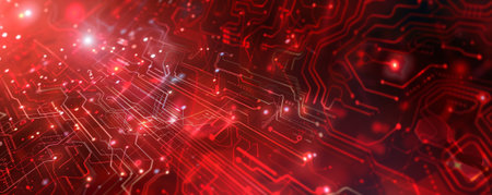 Futuristic neon red background with circuit board patterns and glowing elements: Bright and electric, adding a high-tech and energetic feelの素材