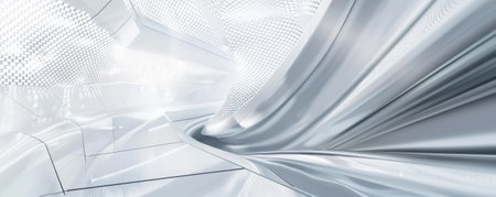 Futuristic white and silver background with smooth textures and geometric patterns: Clean and modern, ideal for high-tech and sleek designsの素材