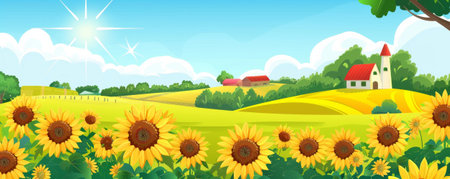 Idyllic spring background with a picturesque farm, blooming sunflowers, and a bright blue sky.の素材