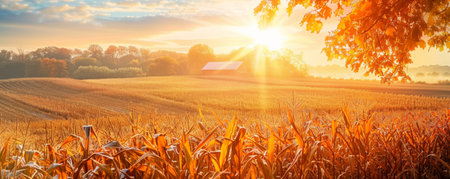 Idyllic autumn background with a farm, a field of corn, and warm sunlight.の素材