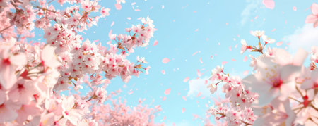 Lush spring background with blooming cherry blossoms, soft pink petals, and a clear blue sky.の素材
