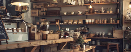 Rustic shop background with wooden shelves, vintage signs, and warm lighting.の素材