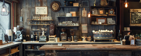 Rustic shop background with wooden shelves, vintage signs, and warm lighting.の素材