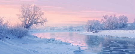Serene winter background with a frozen river, snow-covered banks, and a pastel morning sky.の素材