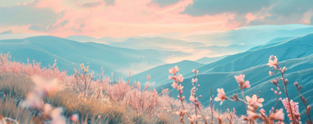 Serene spring background with a mountain valley, blooming flowers, and a pastel sky.の素材