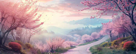 Serene spring background with cherry blossoms, a winding path, and a pastel sky.の素材