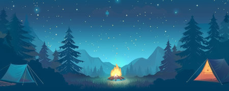 Summer background with a cozy campsite, tents, and a bonfire under the stars: Warm and inviting, perfect for a summer camping tripの素材