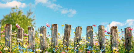 Summer background with a rustic wooden fence, wildflowers, and a bright blue sky: Natural and charming, ideal for a summer countryside sceneの素材