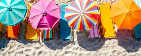 Summer background with colorful beach umbrellas and sun loungers on a sandy shore: Playful and bright, ideal for a beach vacation themeの素材