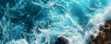 Summer background with bright blue ocean waves crashing against a rocky shore: Dynamic and refreshing, perfect for a coastal adventureの素材