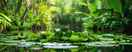 Tropical background featuring a tranquil pond with water lilies and lush greenery: Serene and picturesque, perfect for a peaceful retreatの素材