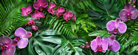 Tropical background featuring a mix of pink and purple orchids and lush green ferns: Elegant and colorful, ideal for a tropical gardenの素材