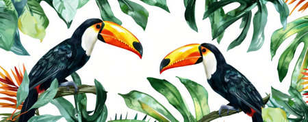 Tropical background with colorful toucans perched on leafy branches: Vibrant and playful, adding a touch of exotic wildlifeの素材