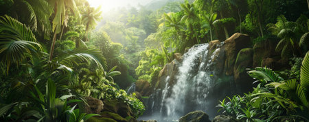 Tropical background with a vibrant green rainforest and cascading waterfall: Lush and serene, ideal for a jungle retreatの素材