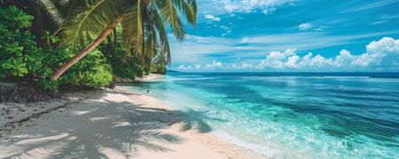 Tropical background with a serene beach and crystal-clear turquoise waters: Idyllic and refreshing, perfect for a beachside escapeの素材