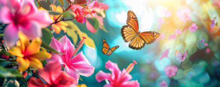 Tropical background with colorful butterflies fluttering among vibrant flowers: Playful and lively, perfect for a vibrant tropical sceneの素材