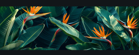 Tropical background with exotic bird of paradise flowers and large, broad leaves: Vibrant and unique, adding a touch of the exoticの素材