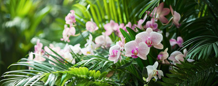 Tropical garden background with a mix of orchids and lush green ferns: Elegant and lush, ideal for a serene garden retreatの素材