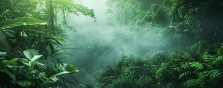Tropical rainforest background with dense greenery, towering trees, and misty atmosphere: Mysterious and lush, ideal for a jungle adventureの素材