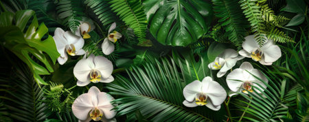 Tropical background with lush green foliage and delicate white orchids: Elegant and serene, ideal for a tropical gardenの素材