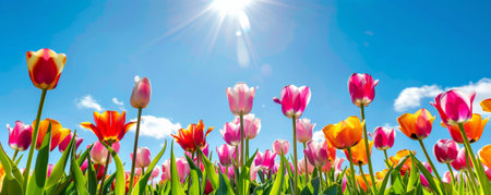 Vibrant spring background with a field of tulips, bright sunshine, and a clear sky.の素材