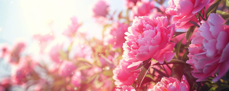 Vibrant spring background with a garden of peonies, bright sunlight, and clear skies.の素材