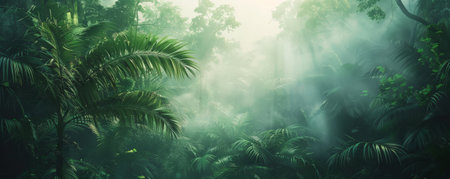 Tropical rainforest background with dense greenery, towering trees, and misty atmosphere: Mysterious and lush, ideal for a jungle adventureの素材