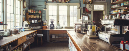 Vintage shop background with retro signage, classic wooden counters, and nostalgic decor.の素材